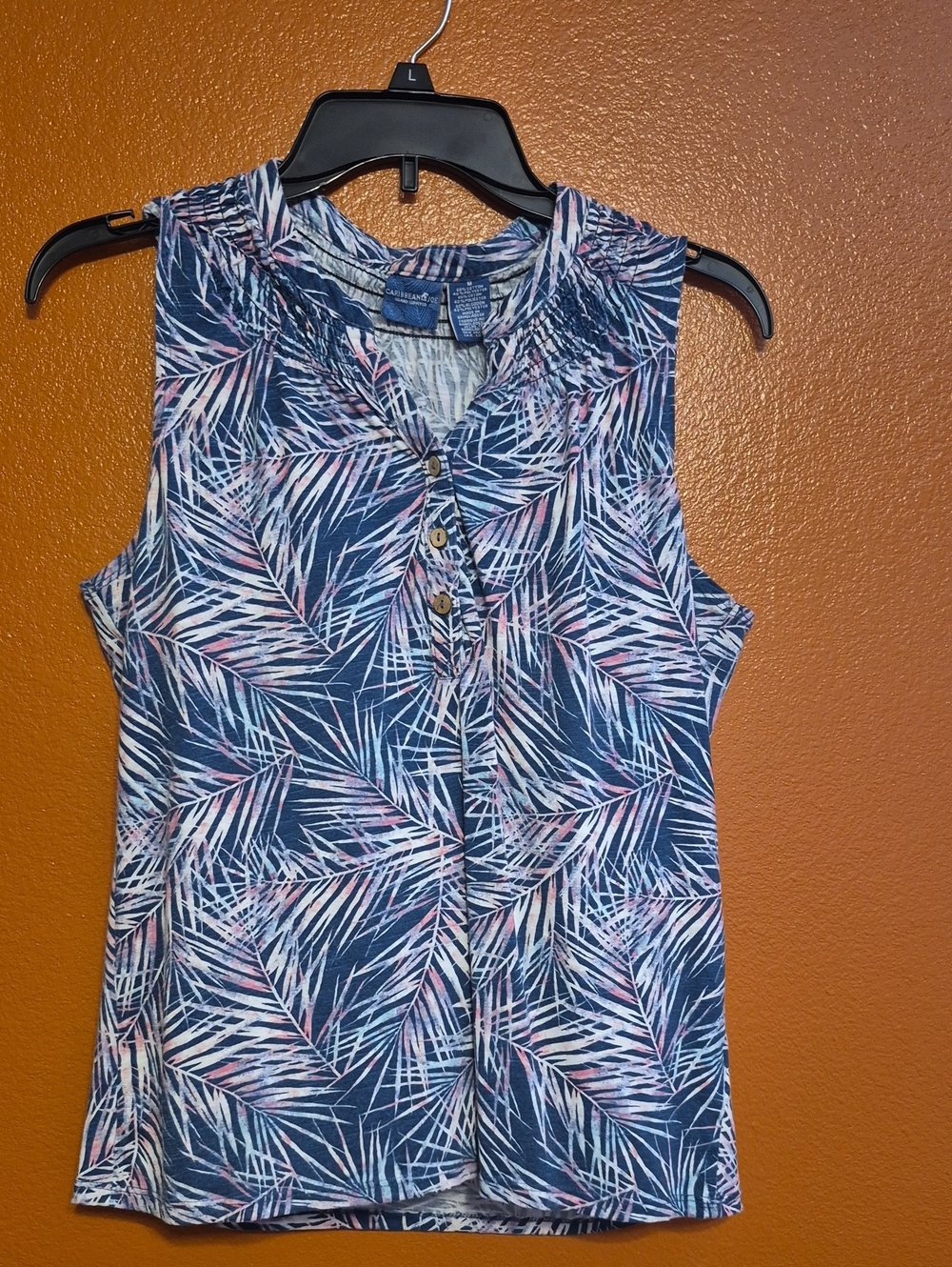 Caribbean Joe Navy Palm-Print Sleeveless Henley Camisole